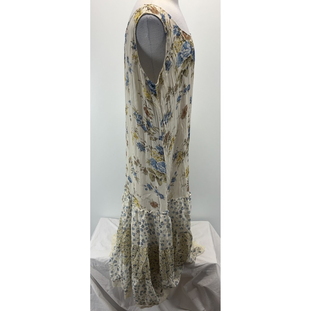 Robbie Bee Floral Patchwork Maxi Dress Womens XL Blue Yellow Crinkle Boho Tiered - Picture 4 of 8